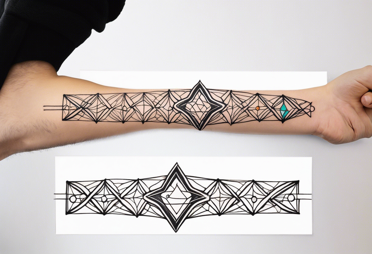 armband tattoo, masculine, narrow, horizontal with quantum bound atoms pattern tattoo idea