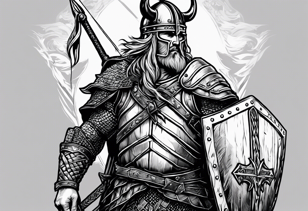 A viking in armor except the helmet on the brink of death pierced with arrows propping himself up with his sword on a seemingly bleak battlefield while still looking up with hope tattoo idea