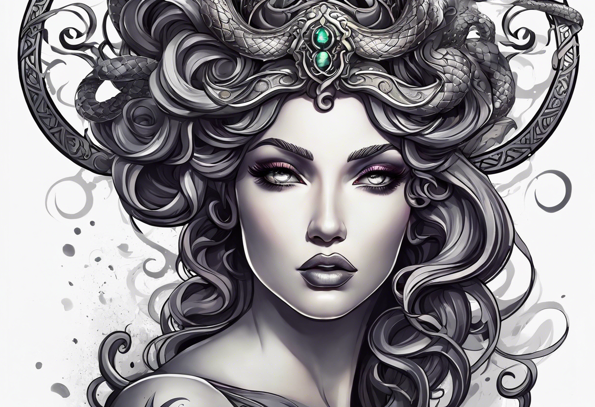 Medusa head with a mysterious expression, capturing both her allure and danger. Blend dream-like qualities with the striking figure of Medusa. Render on a thigh tattoo idea