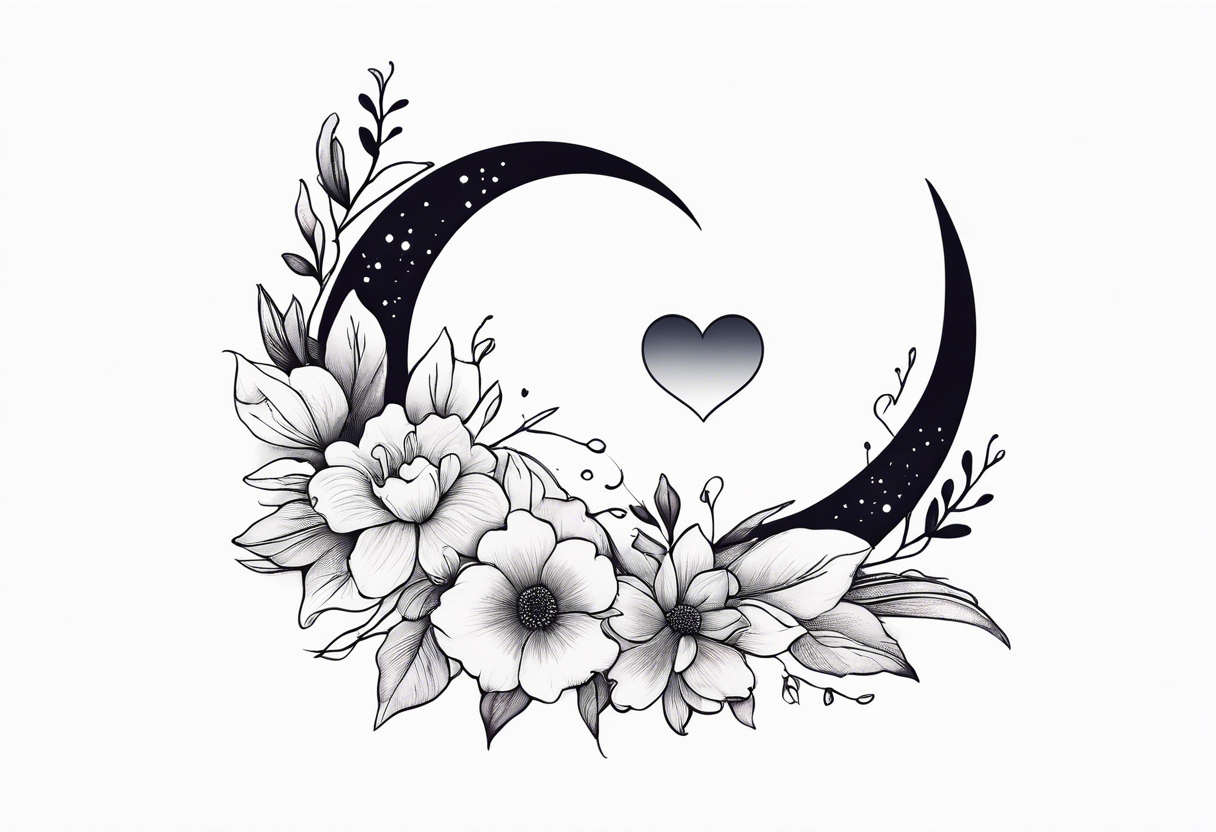 hand tattoo of a Crescent moon with a heart inside, shrouded by beautiful flowers with wisps of mist tattoo idea