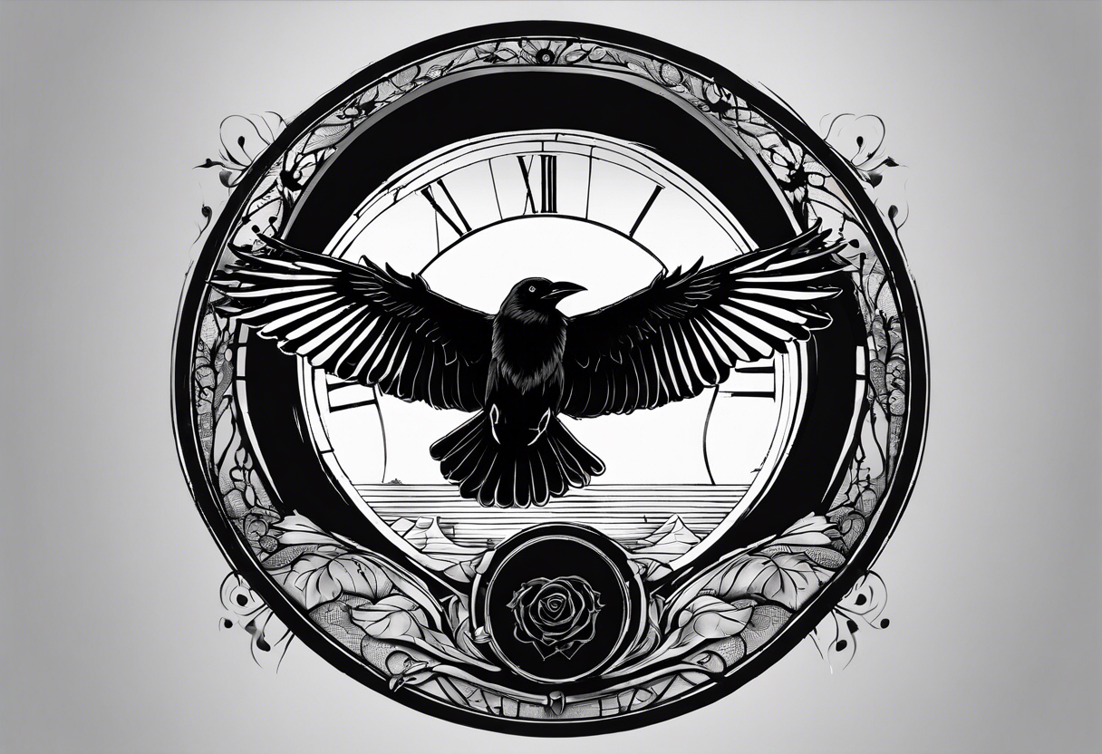 Crow with wings spread out, preached on top of a circle window with the words Time doesn’t heal anything, it just teaches us how to live with the pain tattoo idea