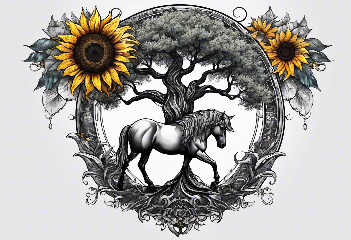 Yggdrasil tree, horse, sunflower tattoo idea