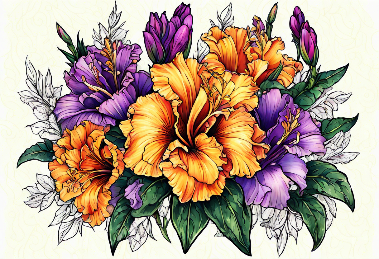 Marigold and purple gladiolus tattoo idea