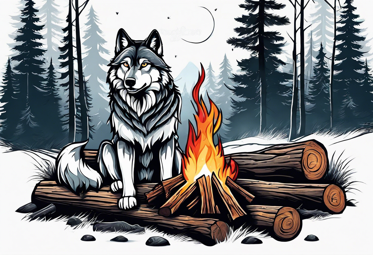 wolf at camp sitting on the log holding stick with marshmallows roasting over the campfire in the Forest tattoo idea