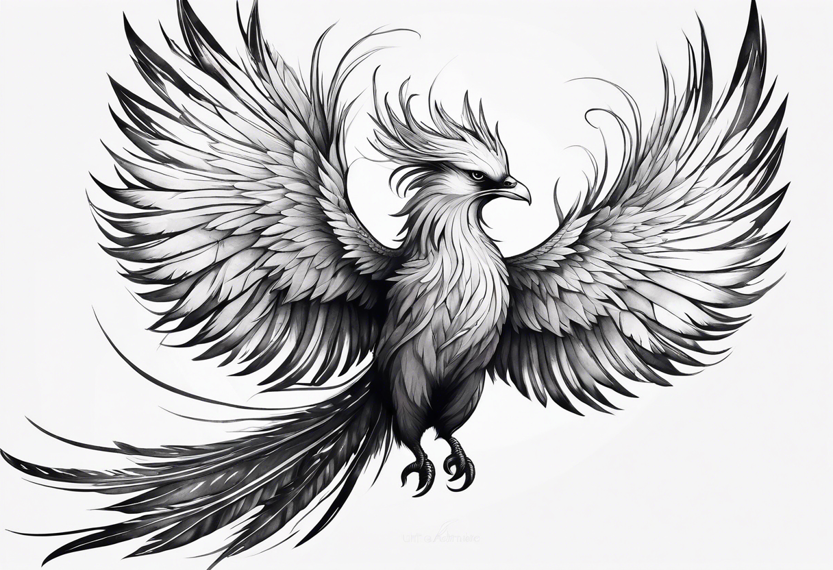 minimalist pheonix with long tail curling and feathers coming off tail tattoo idea