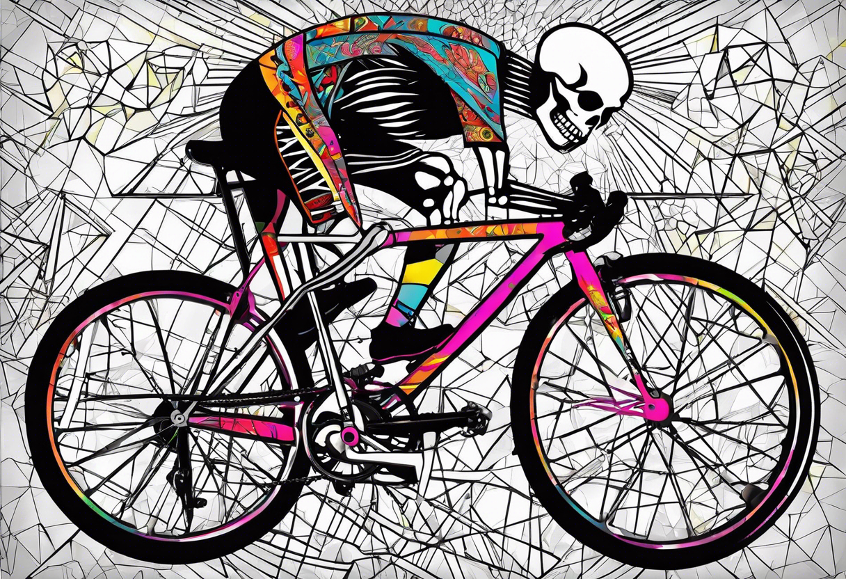 Skeleton rides a 21 speed racing bicycle with drop nars. The skeleton wears a 1980s style kit. There is no background image tattoo idea