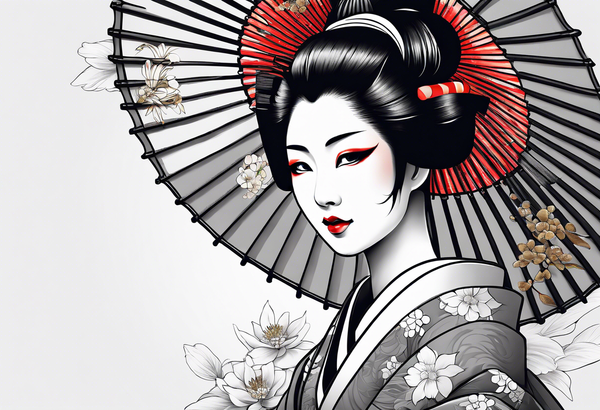 Geisha with a dress and a fan, traditional japanese style, white background tattoo idea