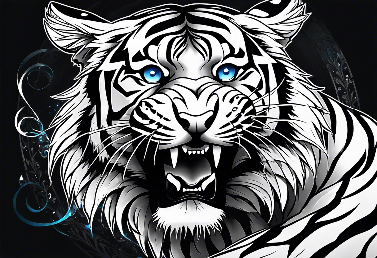 Tiger with blue eyes that turns into snake tattoo idea