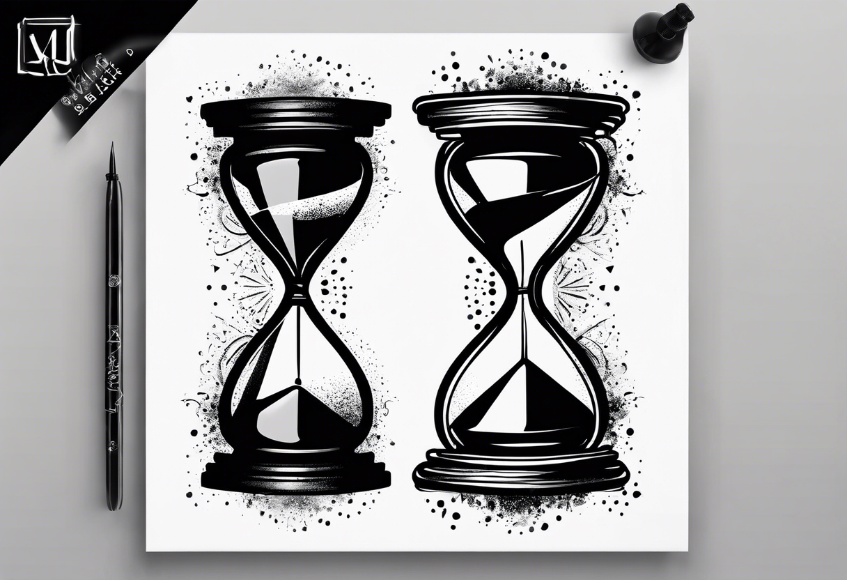 Hourglass, cosmic dust exploding from the top and bottom of the hourglass. Long tattoo to fit on the forearm, masculine, minimalist tattoo idea