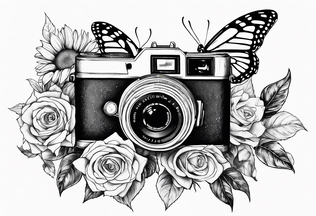 Book, sunflower, camera, butterfly, flower rose tattoo idea