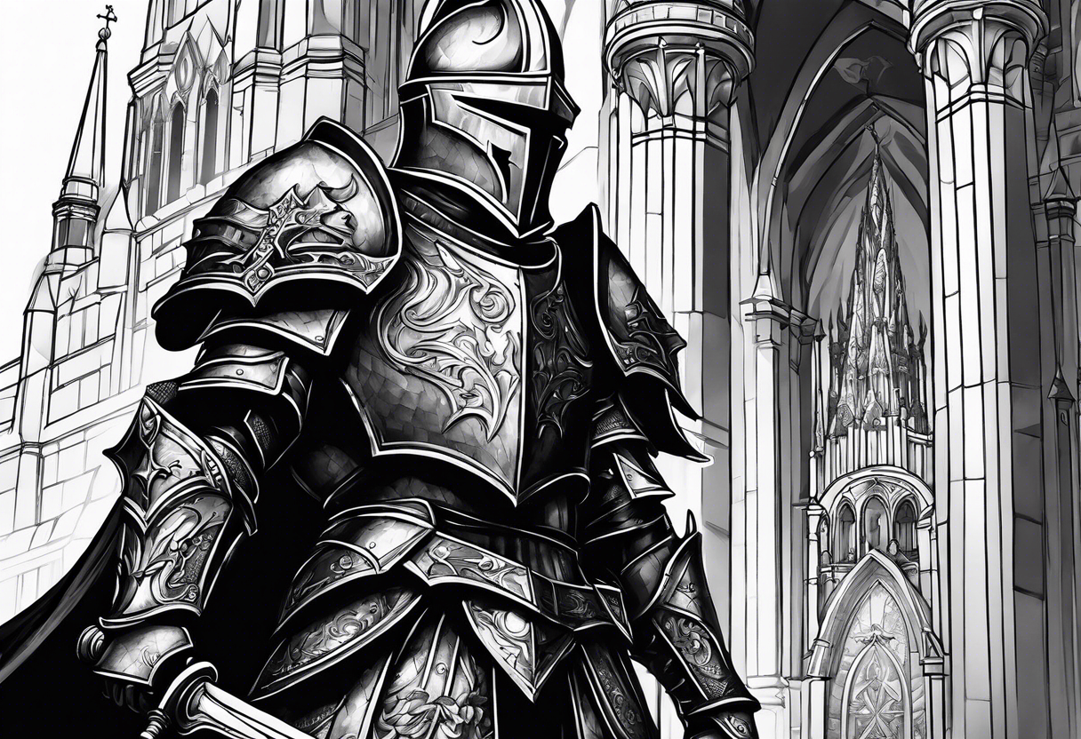 knight heavy armor in front of cathedral tattoo idea