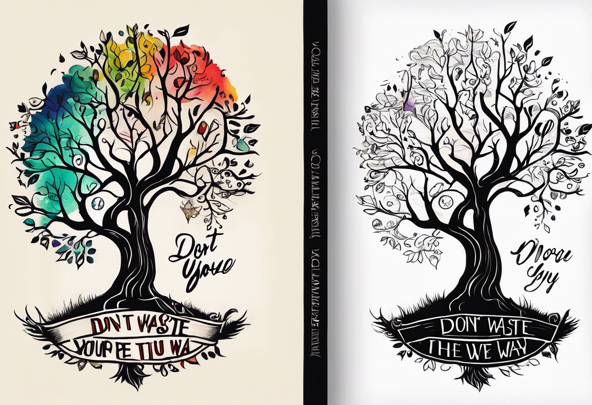 Tree of life combination with the text of "dont waste your time back you're not going that way" tattoo idea