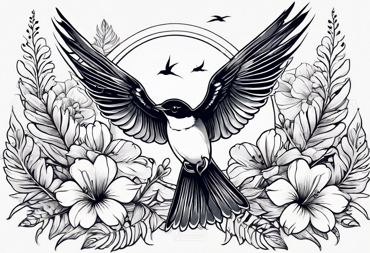 Swallow birds and floral background with ferns tattoo idea