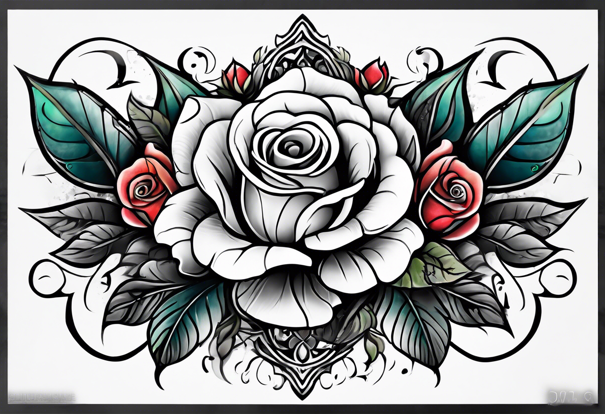 front knee tattoo based on Mike Rubendall with roses, water, flowers, background wash tattoo idea