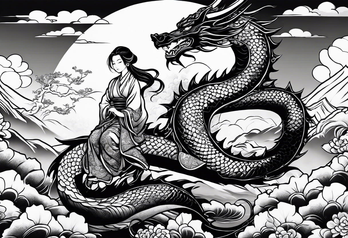 beautiful warrior nymph riding a dragon and the background will be mountains, clouds, and a Japanese building tattoo idea