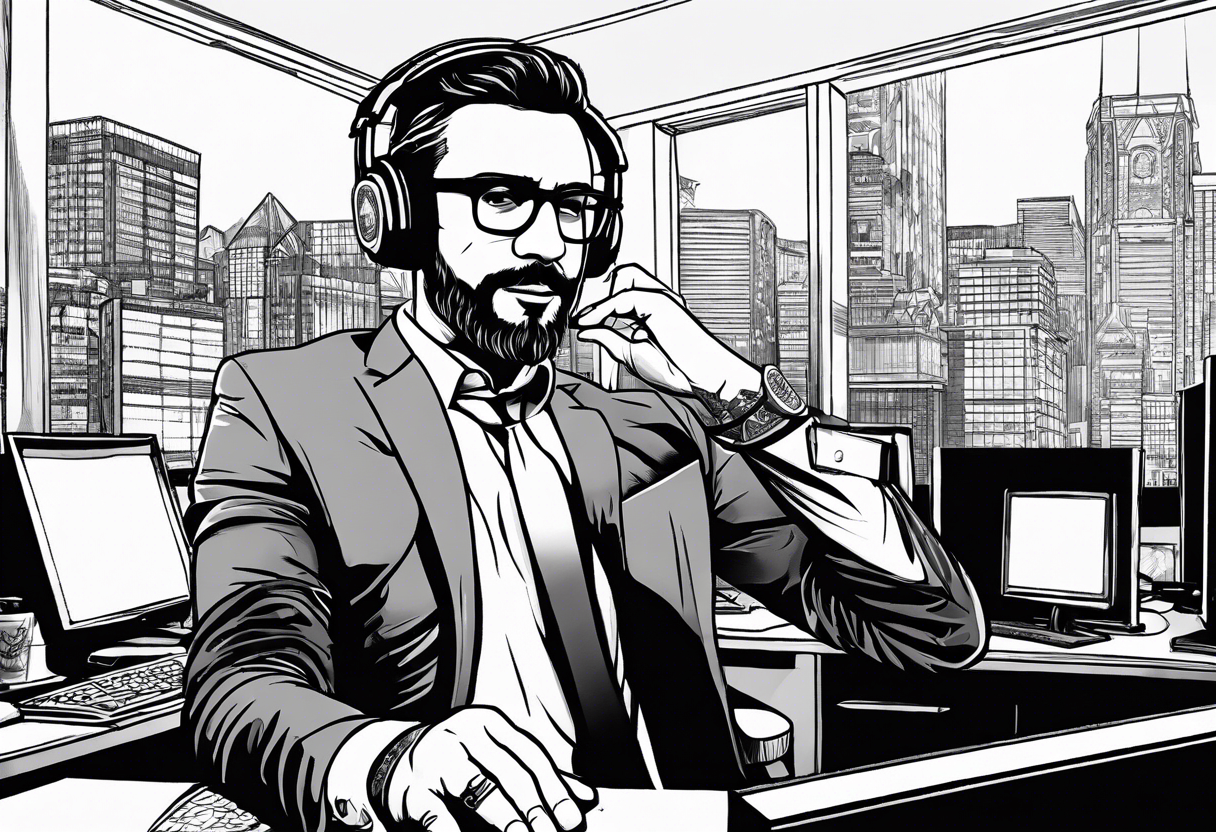 A manager in an office holds the raised hand of a businessman wearing headphones at a computer in tattoo idea