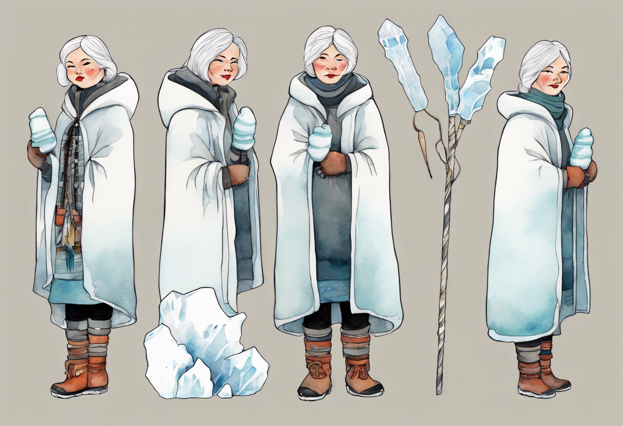 a middle aged Inuit woman with white hair, wearing mittens, mukluks, and a white cloak. Holding a white staff. Standing on an iceberg alone tattoo idea