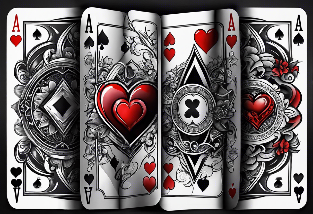 6 aces, overlapping in a row, first two faded/broken aces of hearts, but with first two aces broken or worn. tattoo idea