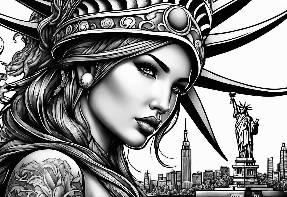 Hot girl as Statue of Liberty with dragon protecting her, full head tattoo idea