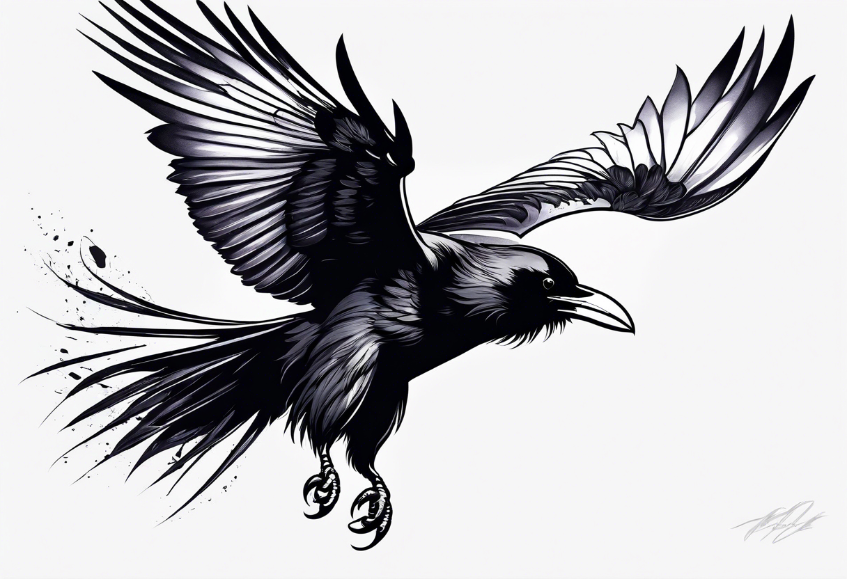 raven in flight with wings spread tattoo idea