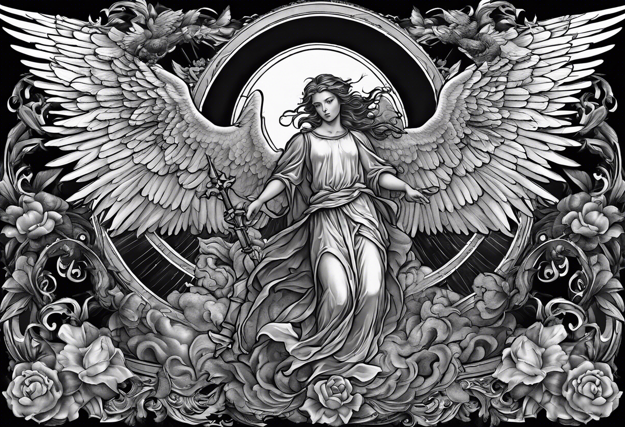 Full back piece depicting the war between angels above and demons below. Make the angels biblically accurate such as seraphim, ophanim, virtues, etc tattoo idea