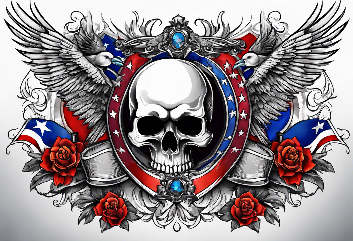 patriotic banner with skulls and birds tattoo idea