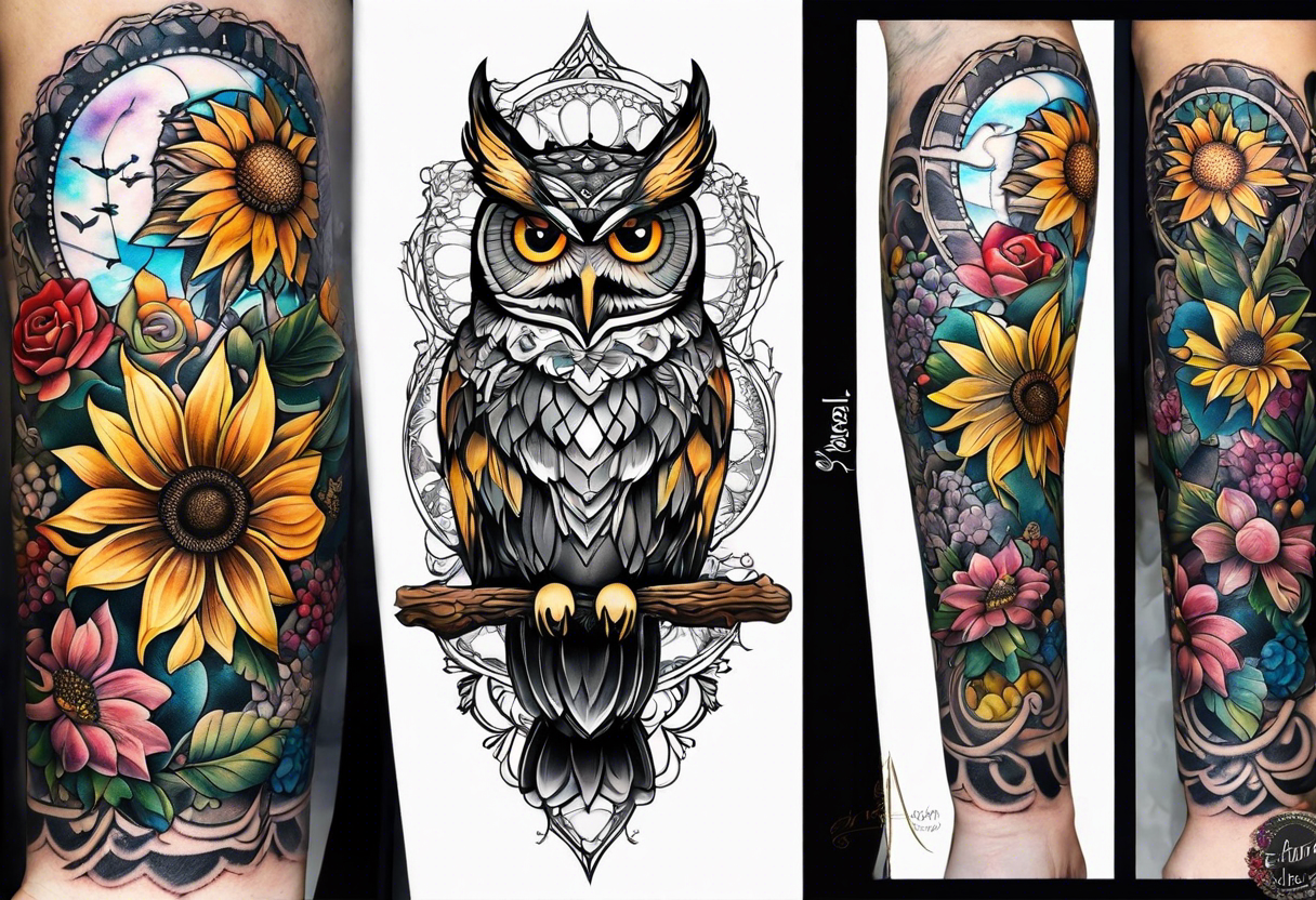 A lower forearm sleeve full colour mandala flowers, and owl, bees