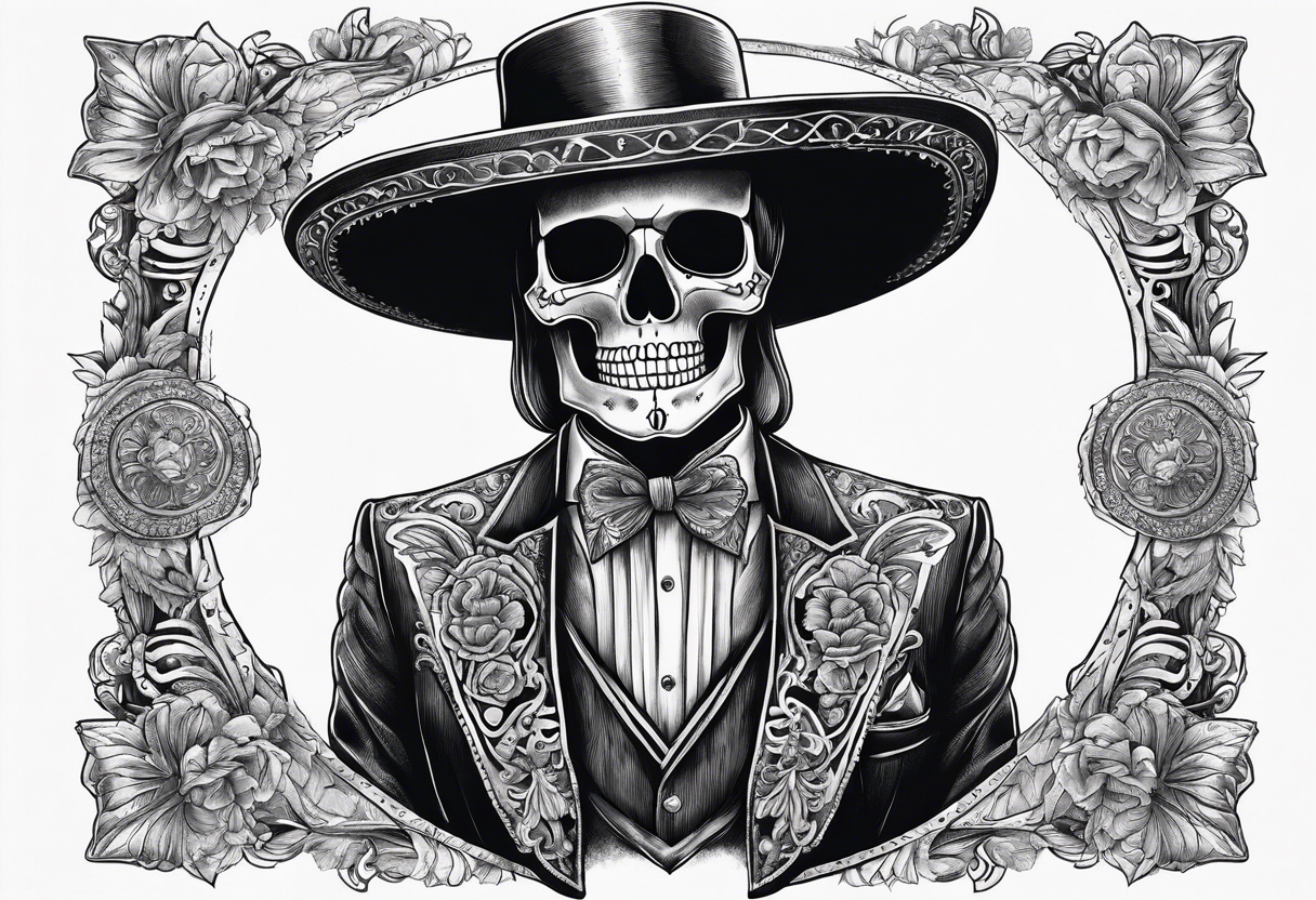 full body of skeleton in the suit with hat in mexican style, similar to santa muerte tattoo idea