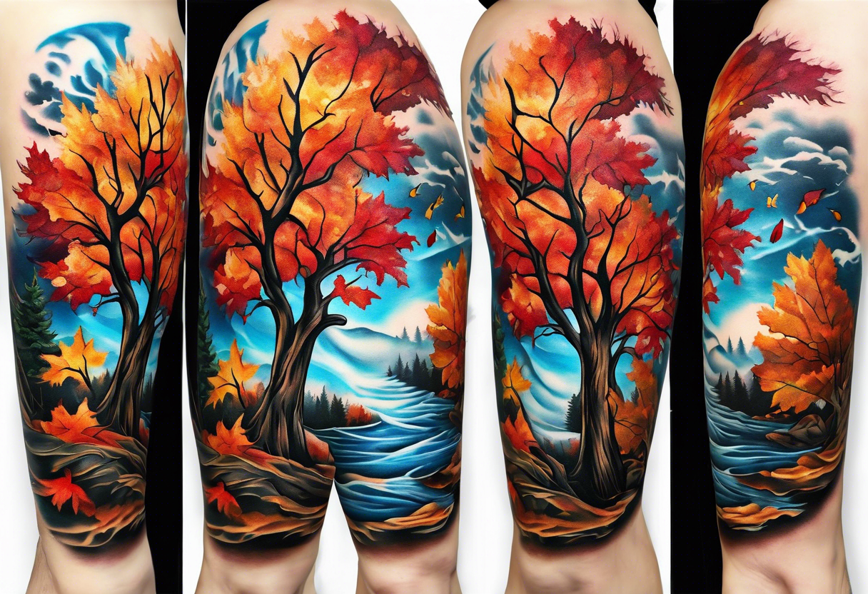 Knee tattoo with fall colors showing leaves, water flow, trees and sky tattoo idea