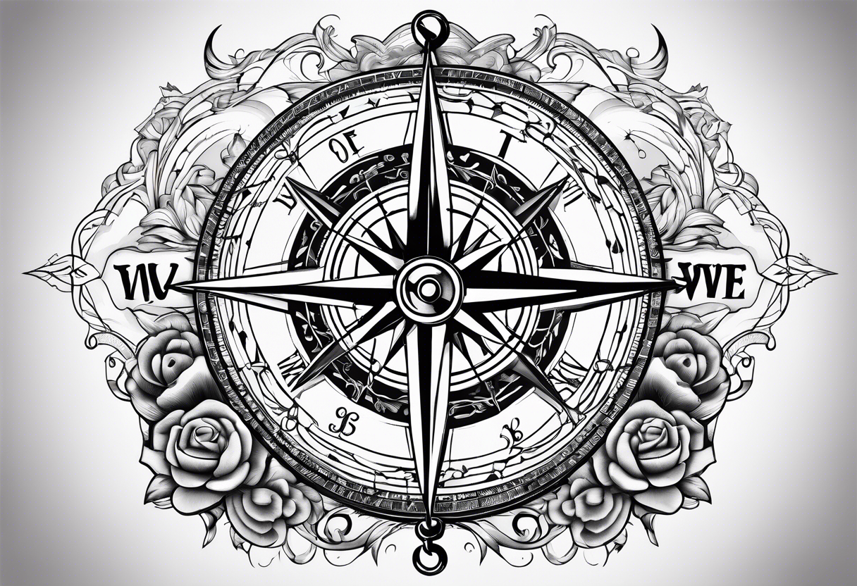 Compass with compass rose and anchor and gps data and clouds tattoo idea