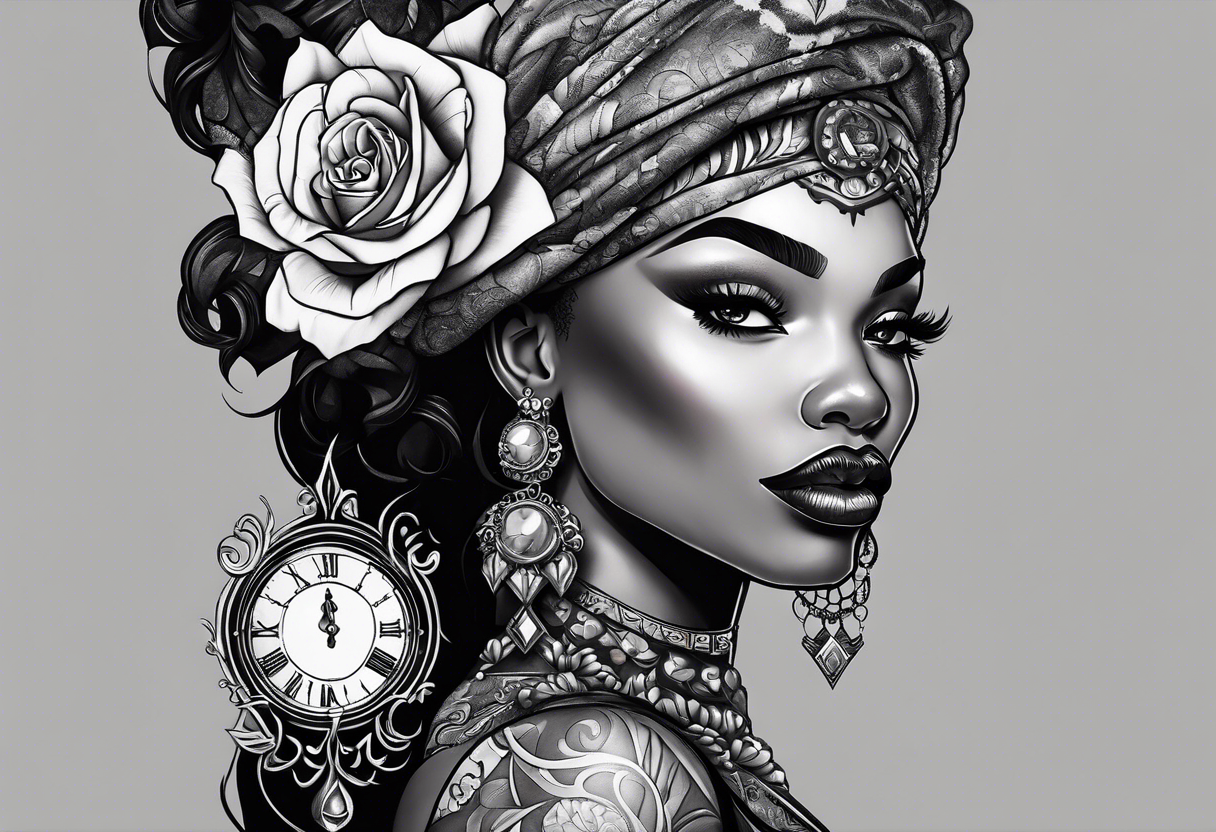 A feminine arm sleeve with a black African witchy queen woman with no eyes, a granddaddy clock with roses. tattoo idea