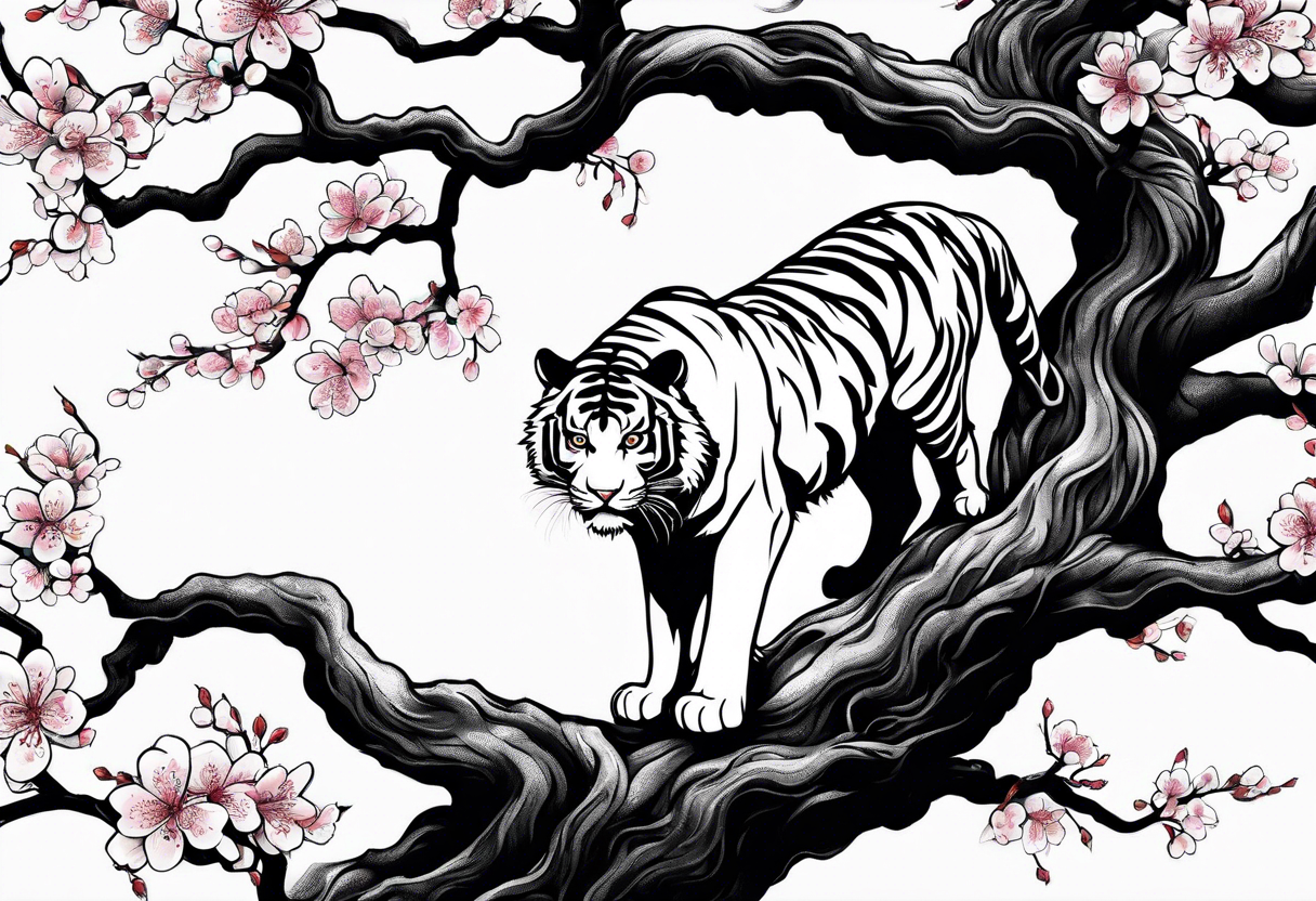 Twisted gnarly cherry blossom tree with tiger under it tattoo idea