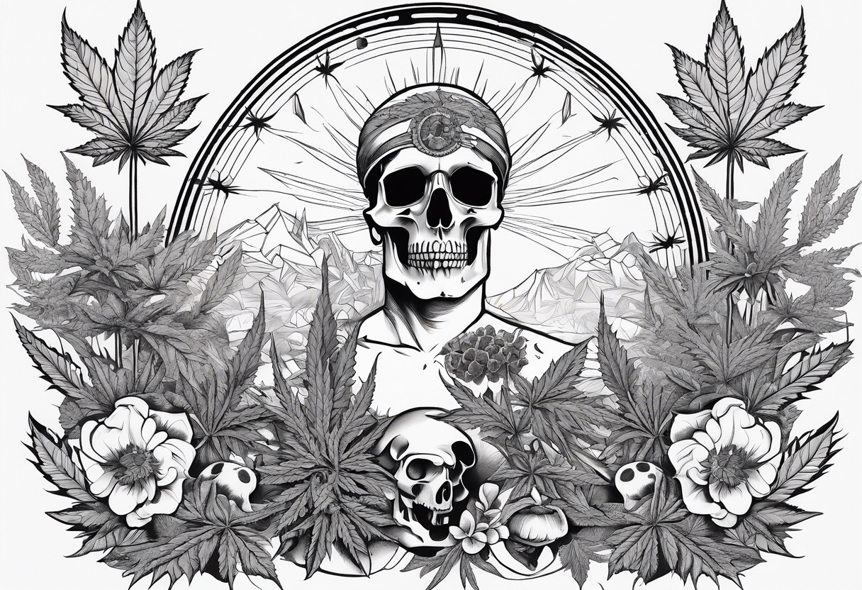 Minimal line art of cannabis plant from base to top with buds blooming. Mushrooms sprouting out of cat skulls. Incorporate the solar cycle and lunar cycle. Add crystals tattoo idea