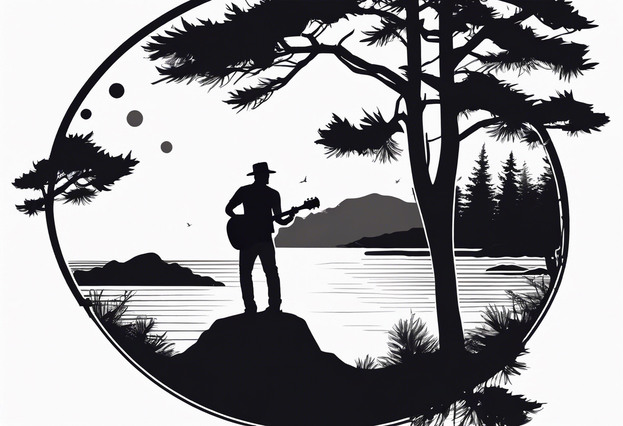 silhouette of a man playing electric guitar while sitting in a pine tree. super simple sketch tattoo idea