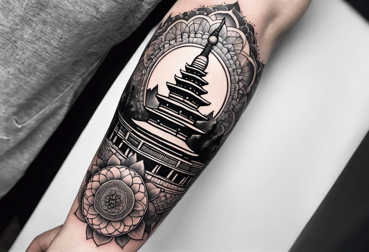 The back of a forearm tattoo with the background as a world map surrounded  by a mandala with a Buddhist stupa at the bottom tattoo idea | TattoosAI