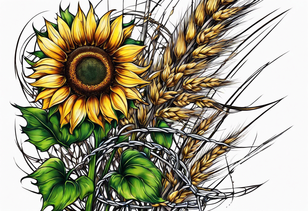 Sunflower, wheat, and barbed wire half sleeve tattoo idea