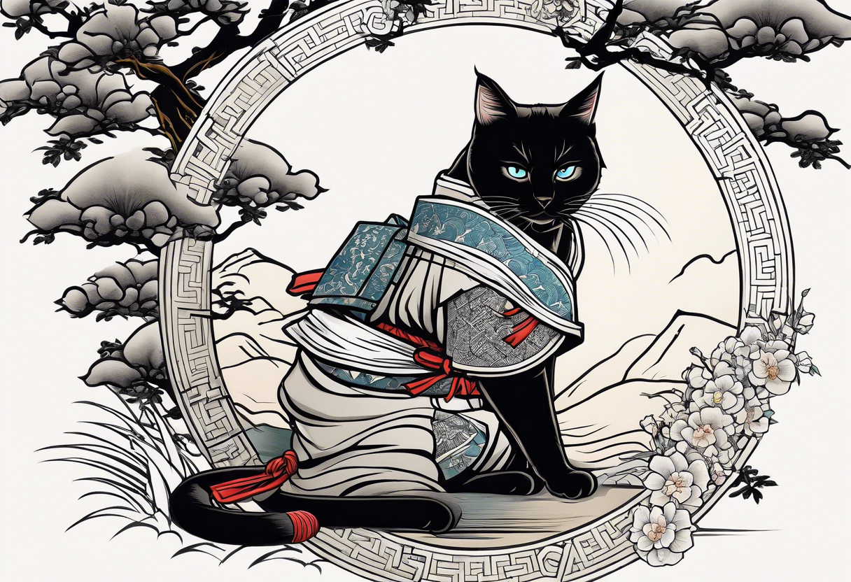A siamese samurai cat killing his enemy tattoo idea