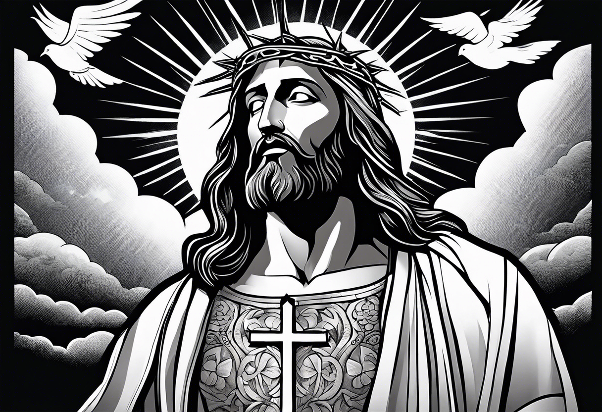 Jesus standing looking down with clouds, sunshine and a dove in the background on the upper arm tattoo idea