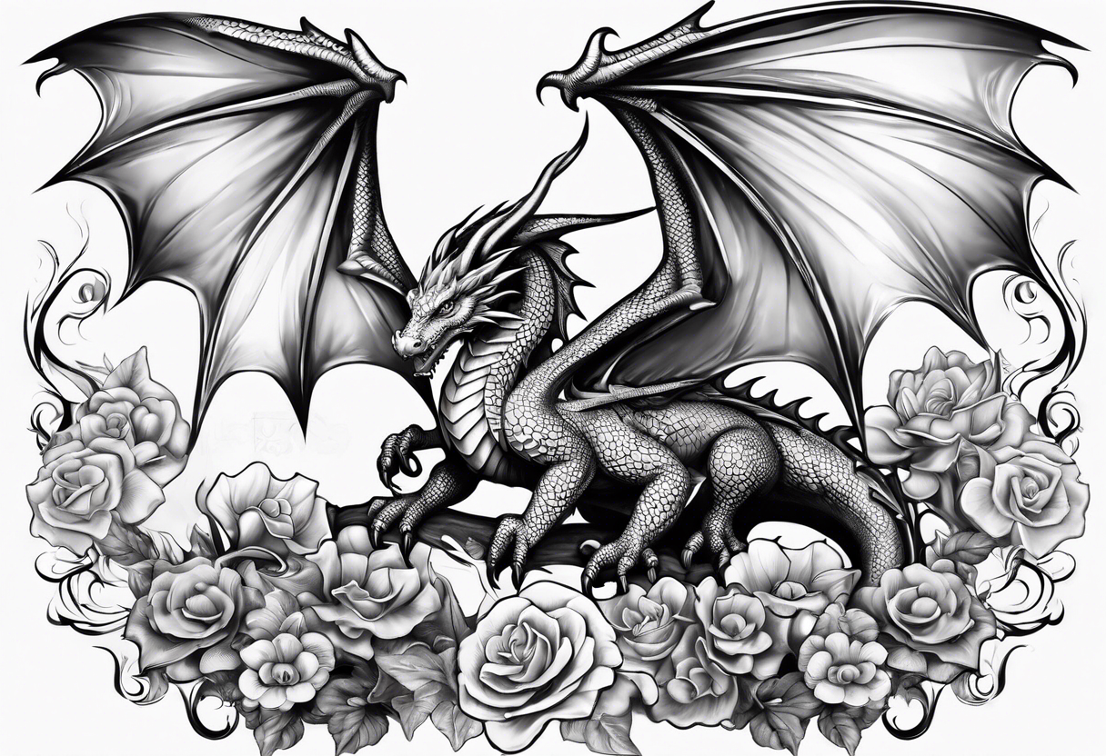 Beautiful female dragon with wings spread mushrooms in wings tattoo idea