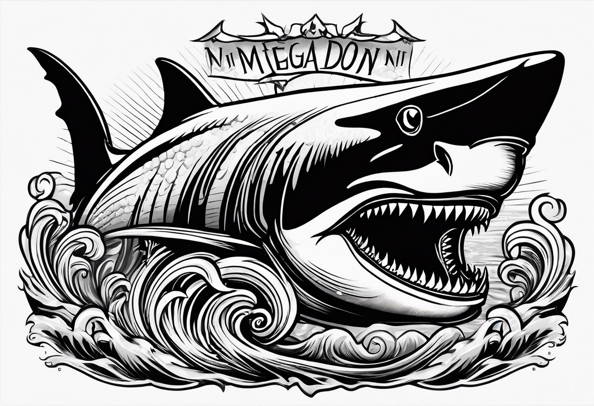 megalodon ni text vertically with the shark and the water wrapping around the text tattoo idea