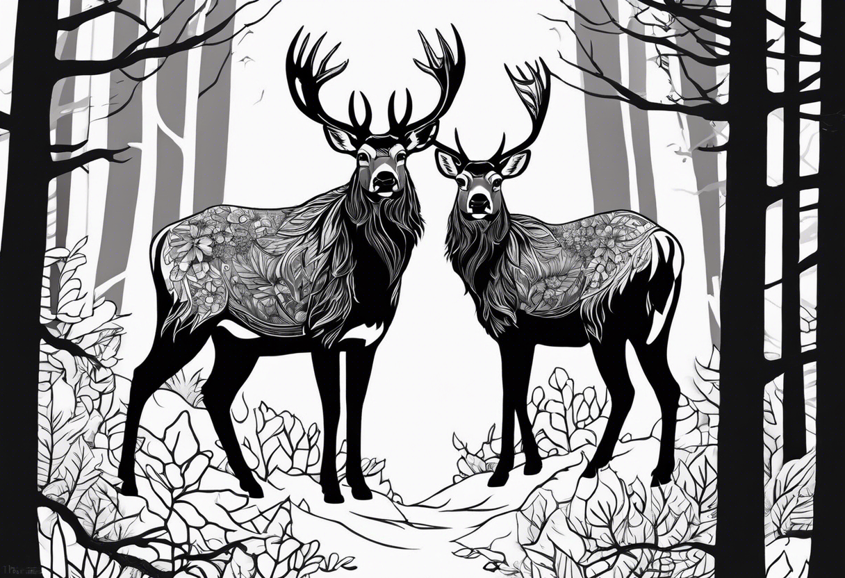 Make a tattoo of two norwegian elkounds standing in a forest. Make it a nordic themed tattoo tattoo idea