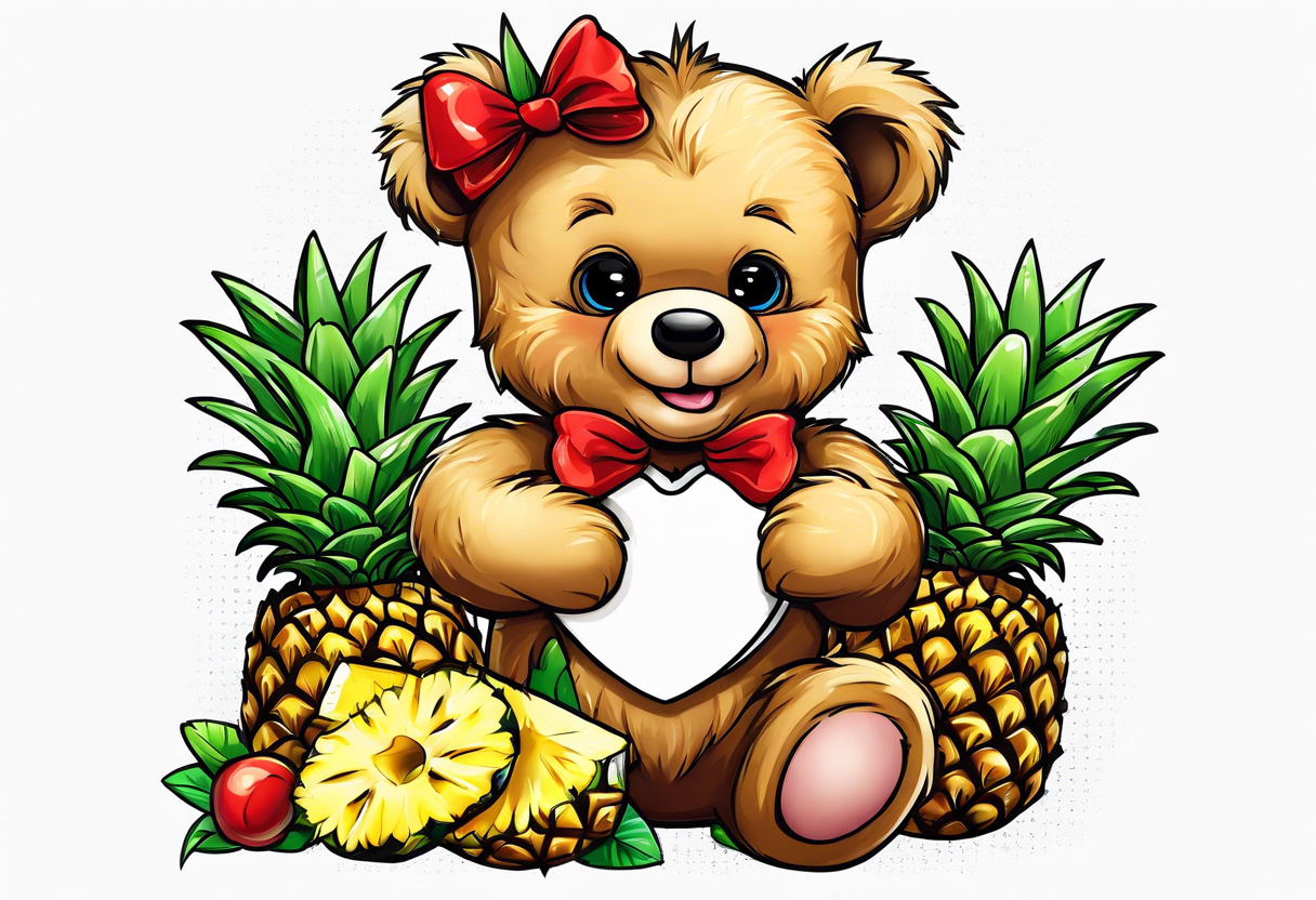 Teddy Bear biting pineapples tattoo idea