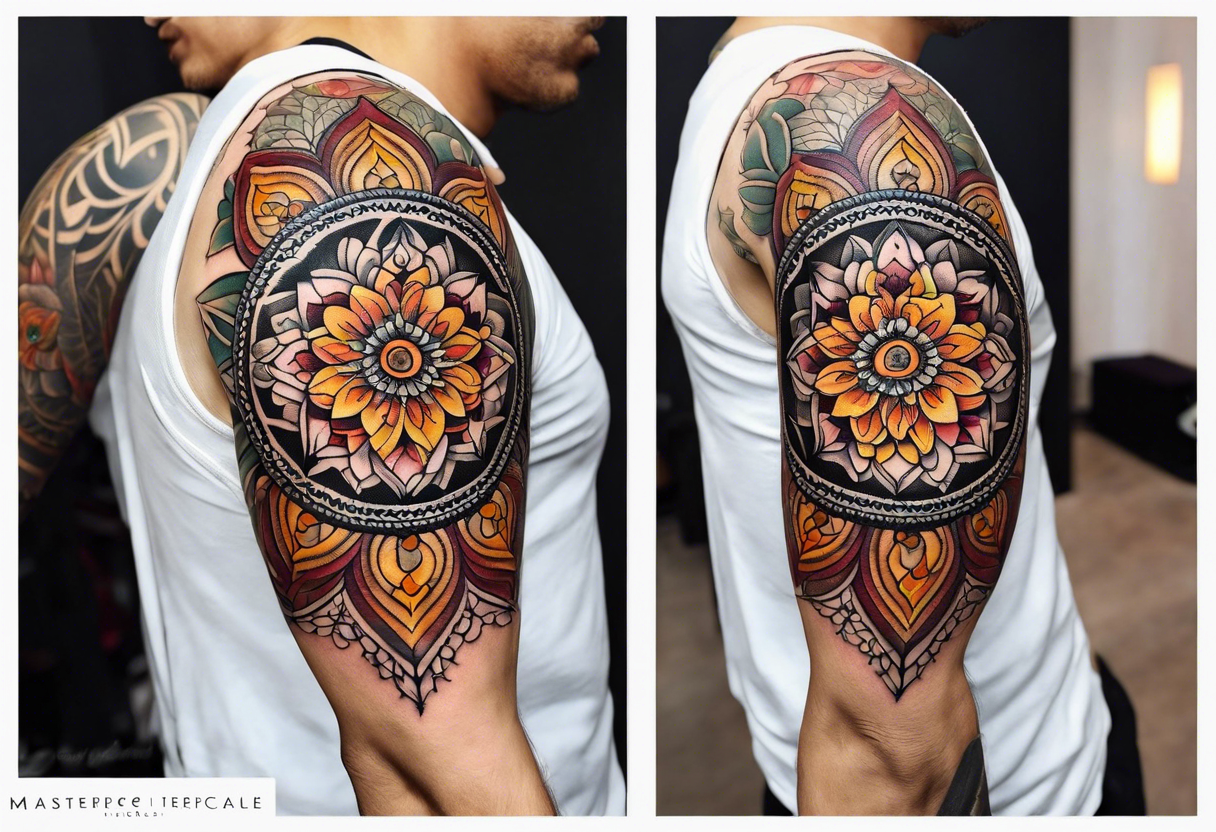 simple male mandala elbow tattoo in fall colors tattoo idea