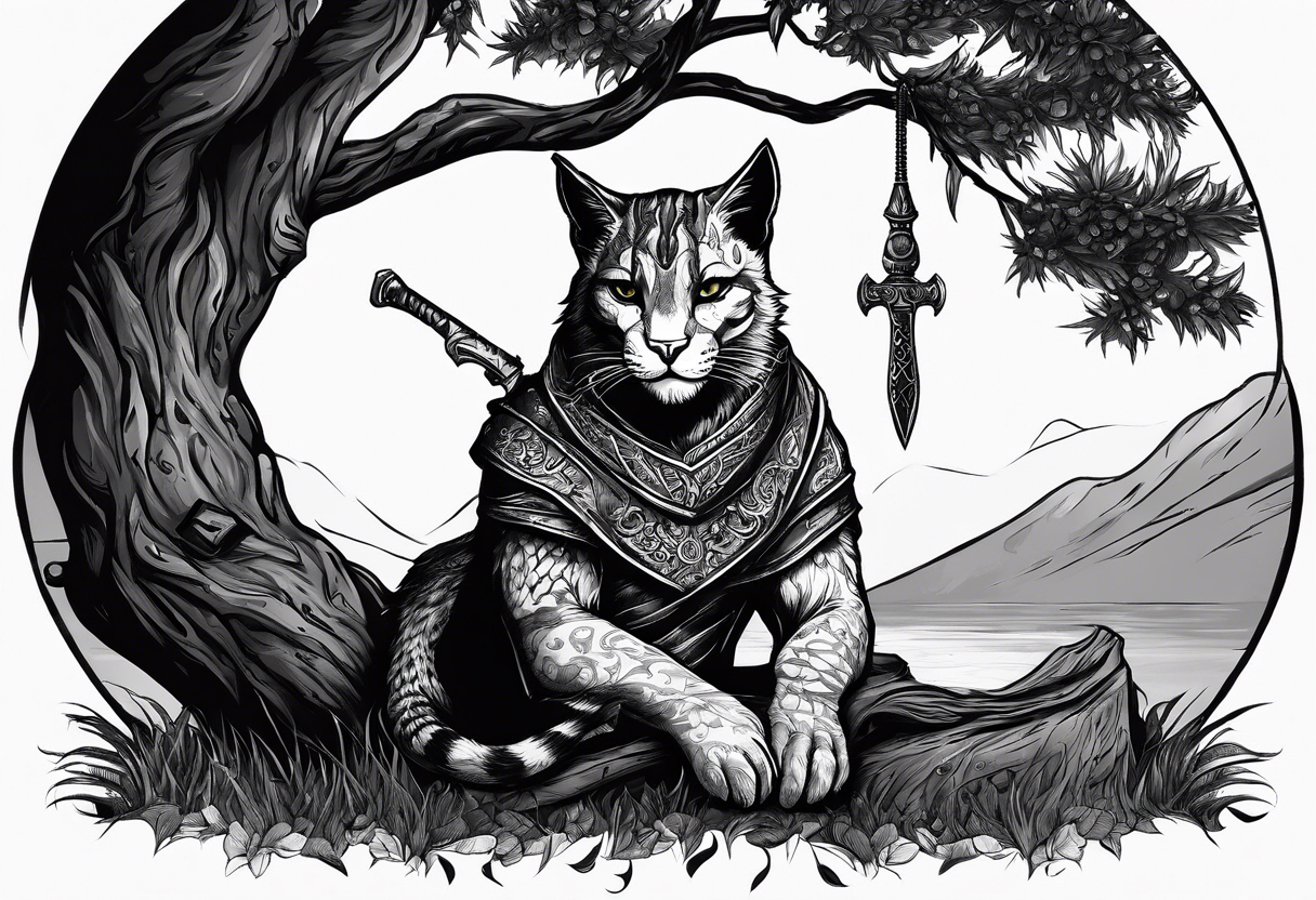 Khajiit sitting under a tree with an empty skooma bottle and a dagger with text that says “Khajiit’s Bane” tattoo idea