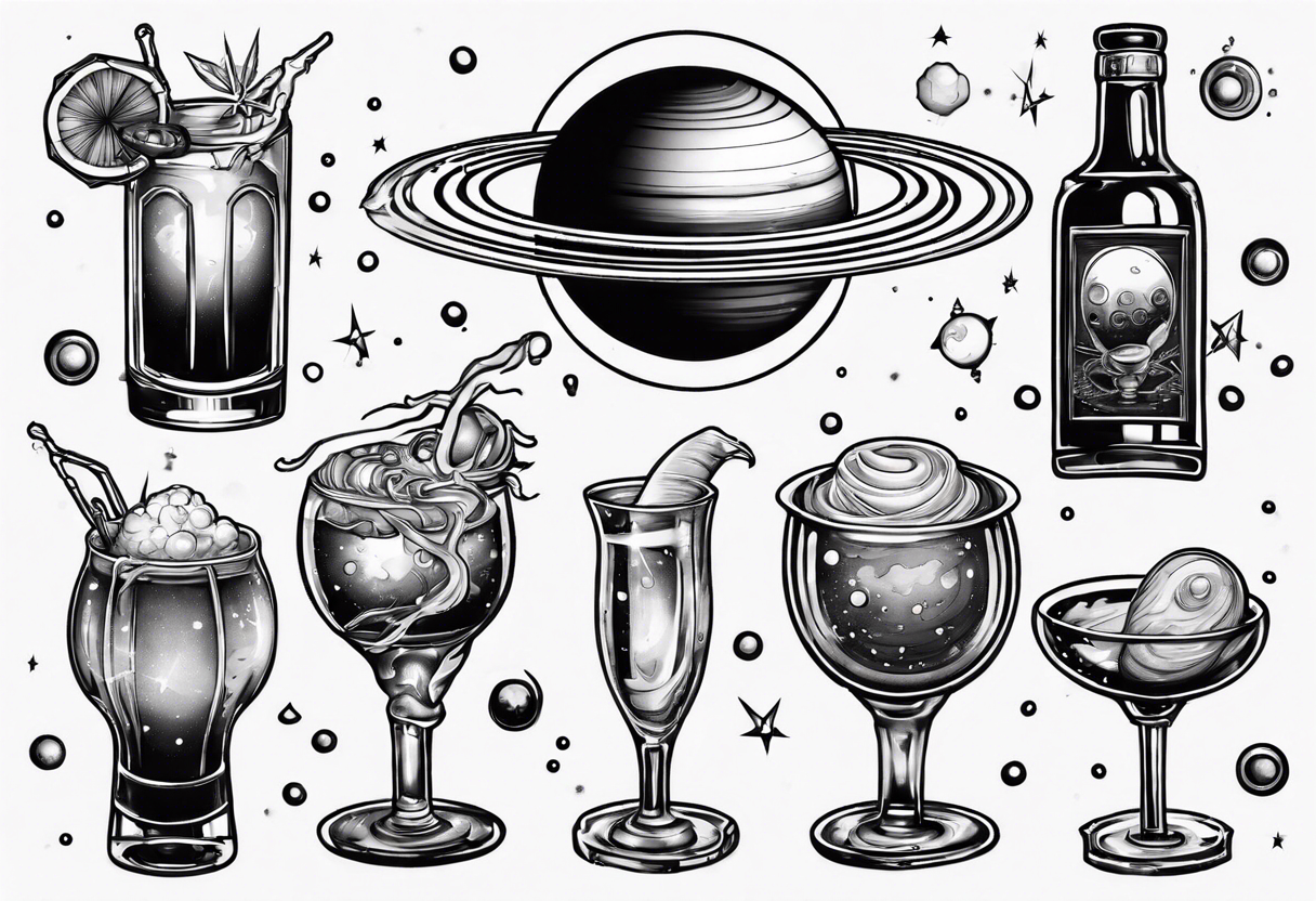 saturn with rings but its a glass of alcohol tattoo idea