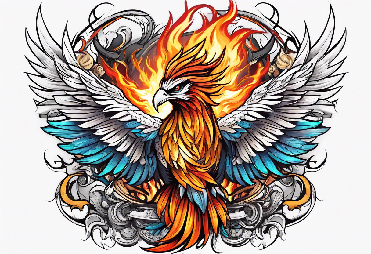 female phoenix scarred warrior with weapons burning tattoo idea