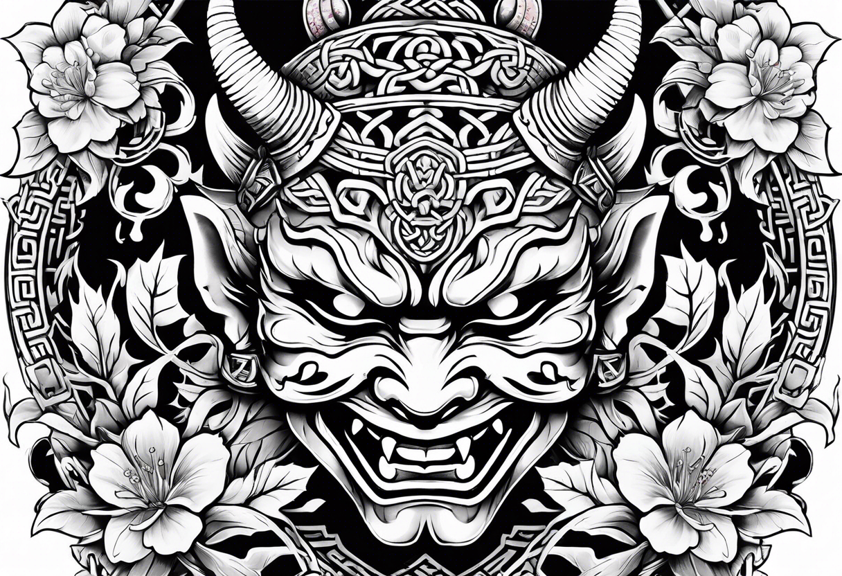 Oni mask with a cherry blossom background in a Celtic style tattoo idea