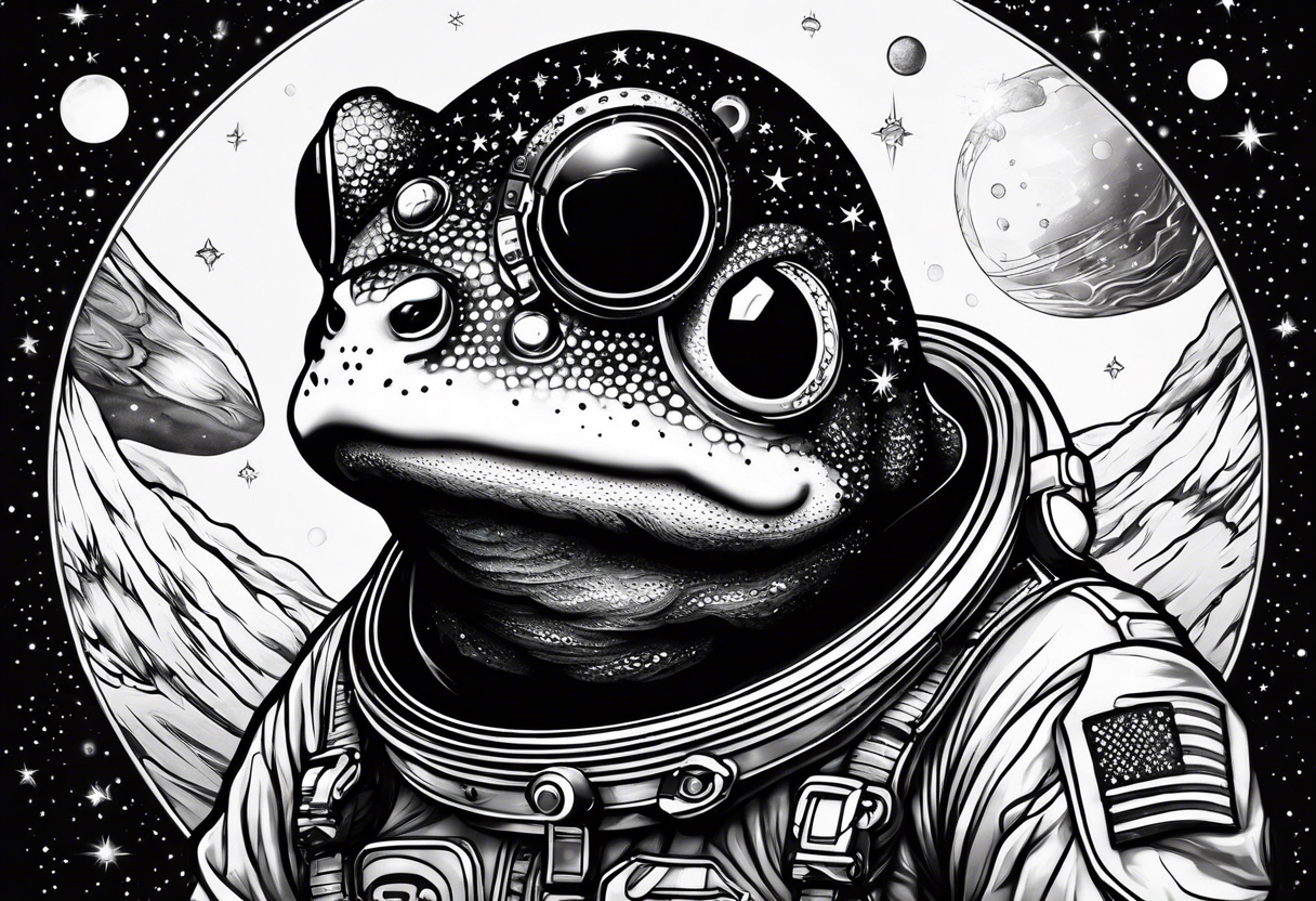 Toad with astronaut helmet looking at galaxy tattoo idea