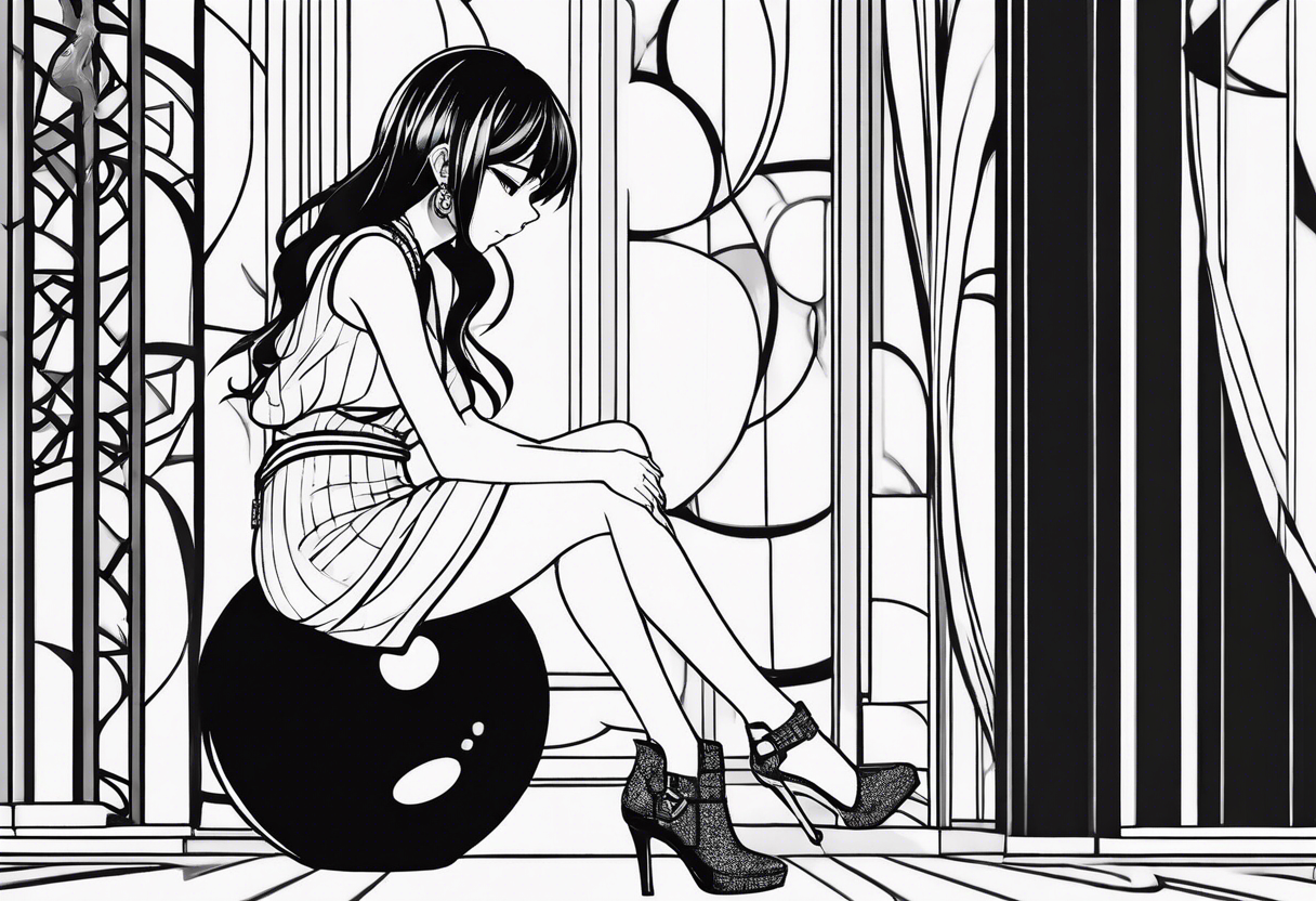 an anime girl sitting on a small sphere, staring front tattoo idea