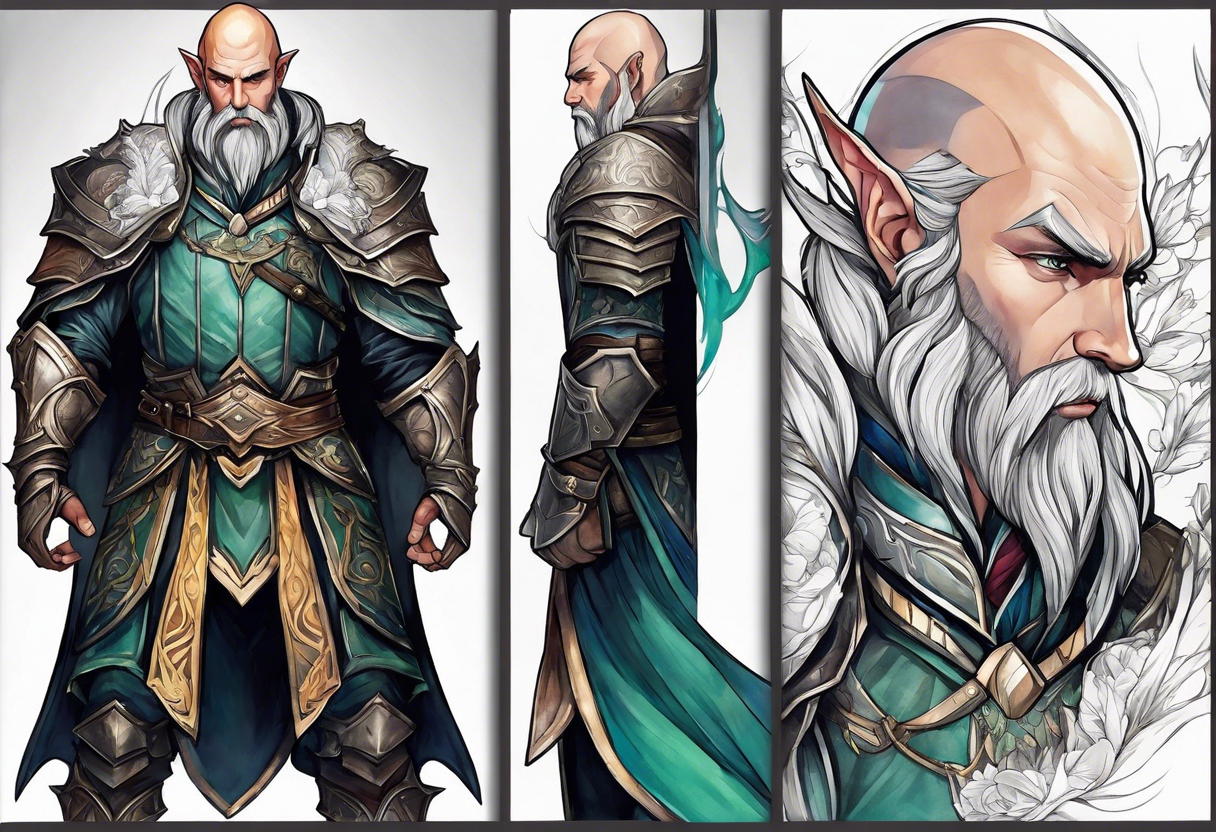 a full-body picture of a human elf, bearded bald male, paladin, from a distance tattoo idea